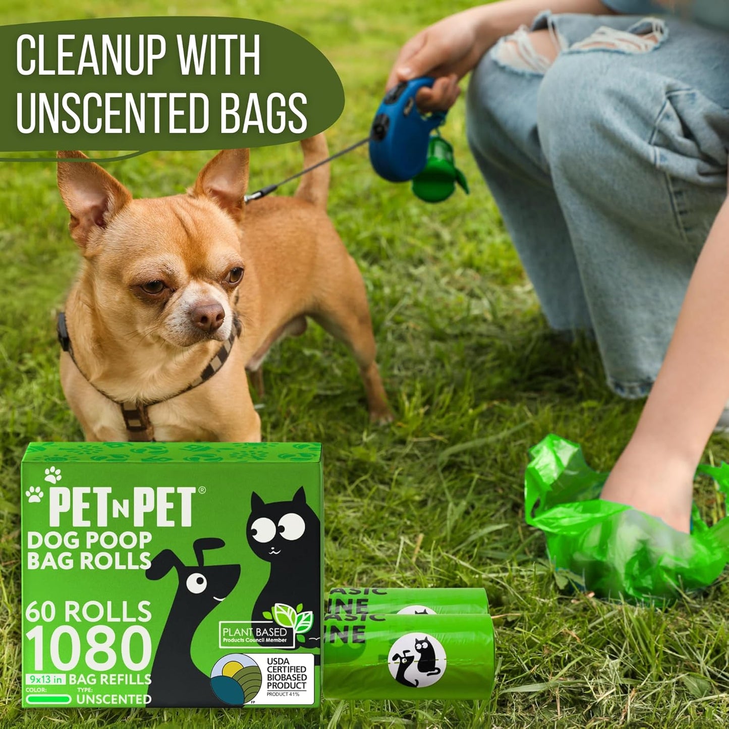 1080 Count Dog Waste Bags - USDA Certified 41% Plant-Based, 60 Rolls of Durable and Thick Unscented 9x13 Green Poop Bags