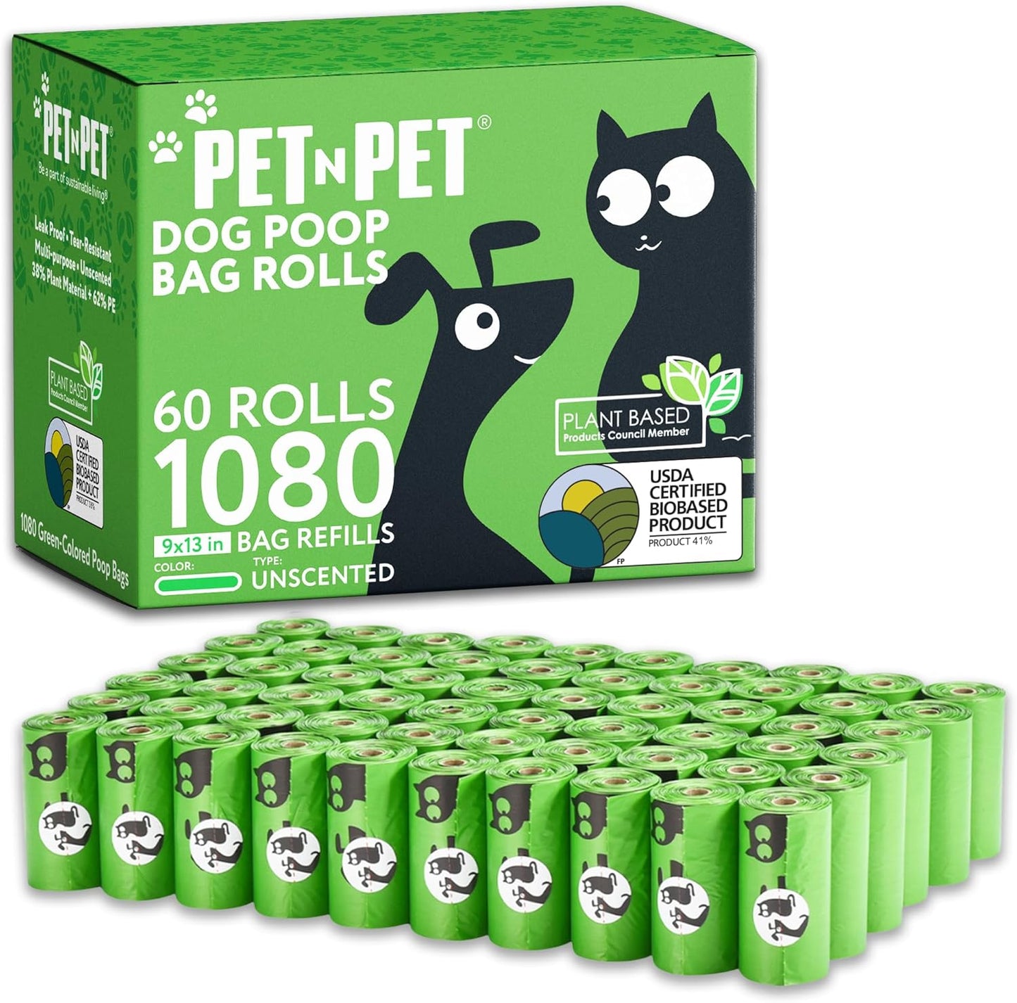1080 Count Dog Waste Bags - USDA Certified 41% Plant-Based, 60 Rolls of Durable and Thick Unscented 9x13 Green Poop Bags