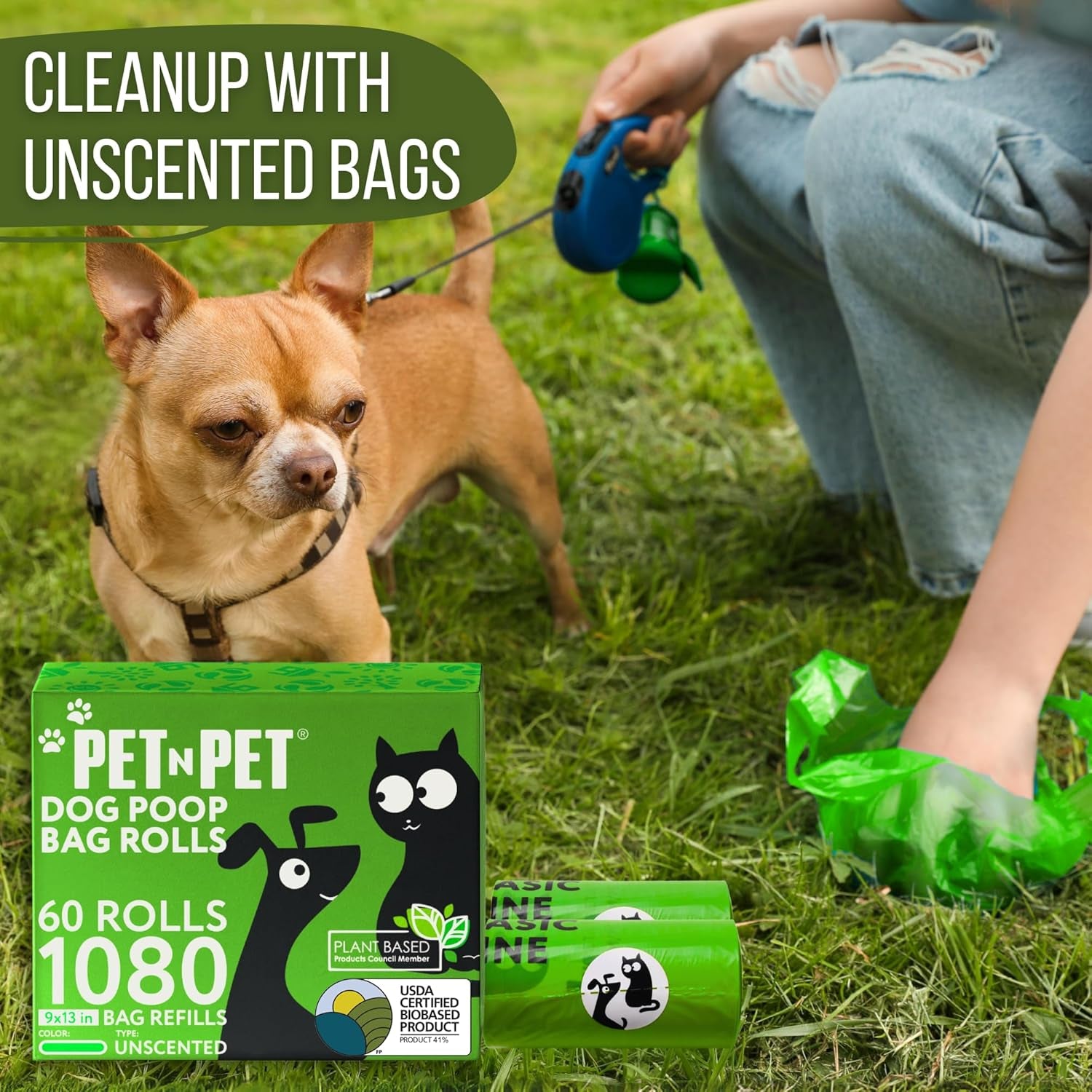 1080 Count Dog Waste Bags - USDA Certified 41% Plant-Based, 60 Rolls of Durable and Thick Unscented 9x13 Green Poop Bags