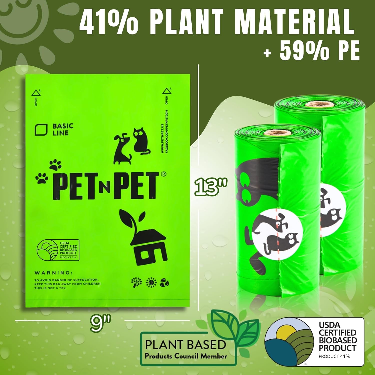 1080 Count Dog Waste Bags - USDA Certified 41% Plant-Based, 60 Rolls of Durable and Thick Unscented 9x13 Green Poop Bags