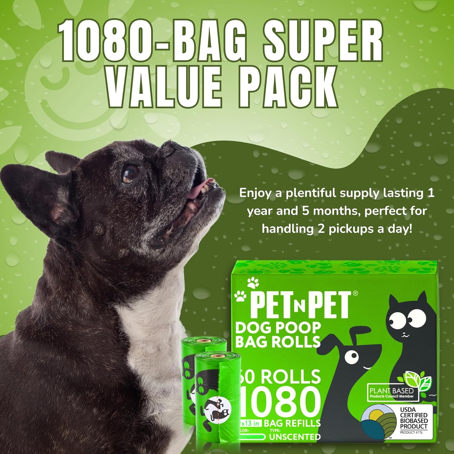 1080 Count Dog Waste Bags - USDA Certified 41% Plant-Based, 60 Rolls of Durable and Thick Unscented 9x13 Green Poop Bags